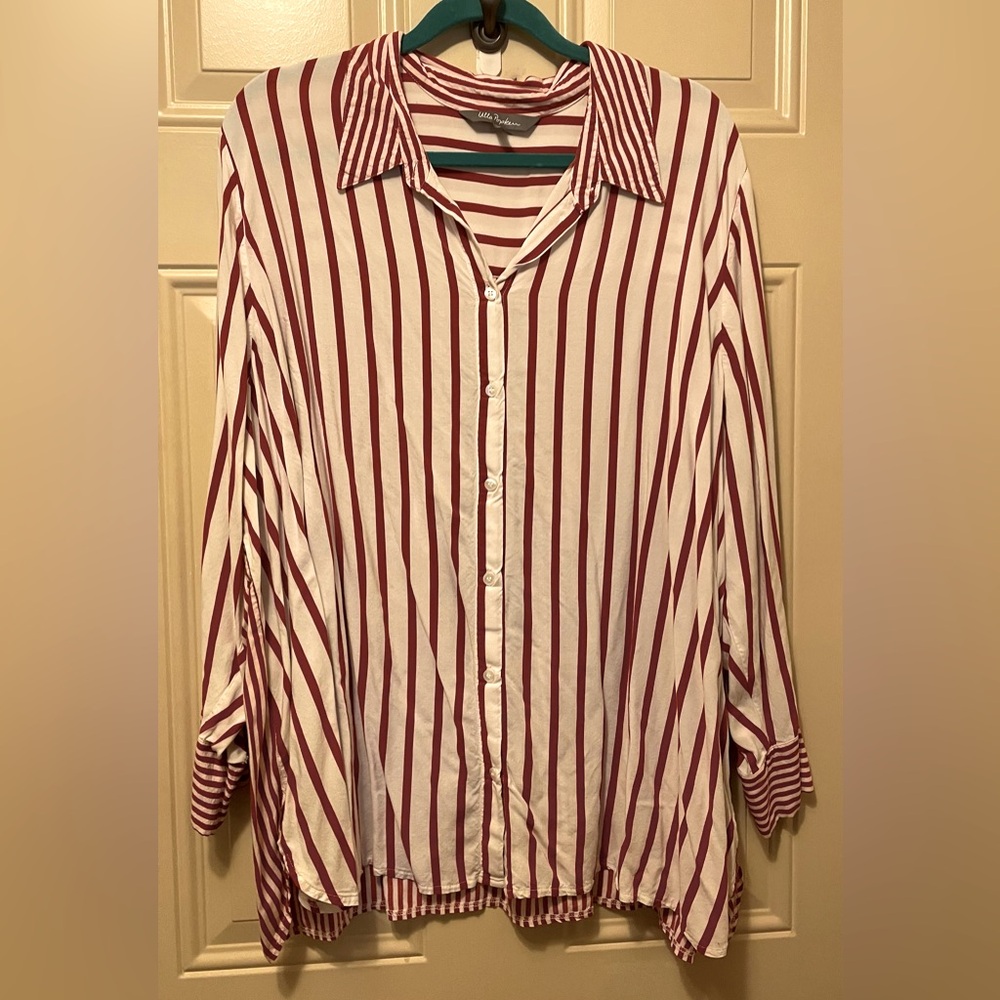 Ulla Popken White and Red Striped Button-Down Shirt